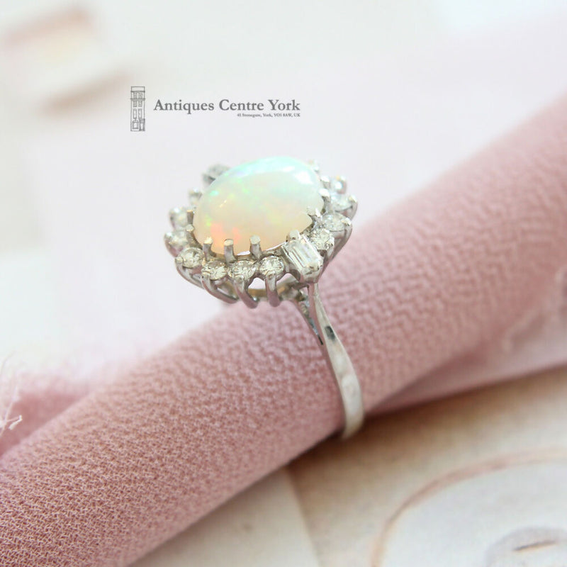 18ct White Gold Opal & Diamond Oval Cluster Ring