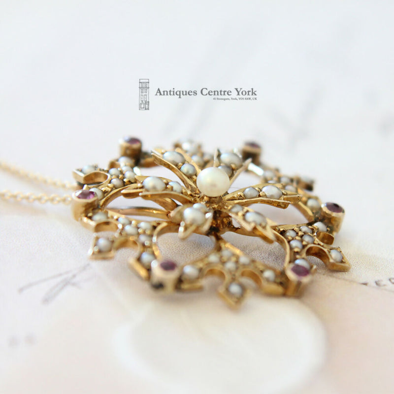 Victorian 9ct Ruby & Pearl Pendant