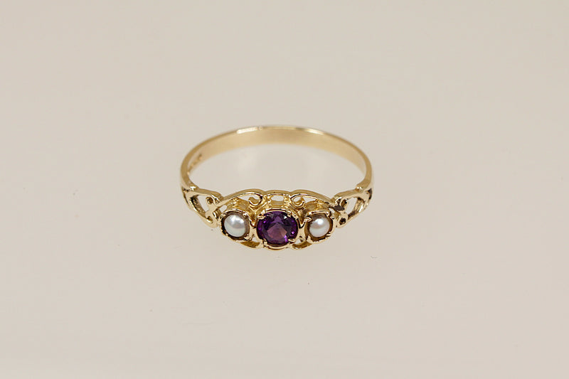 9ct Gold Amethyst & Seed Pearl Trilogy Ring