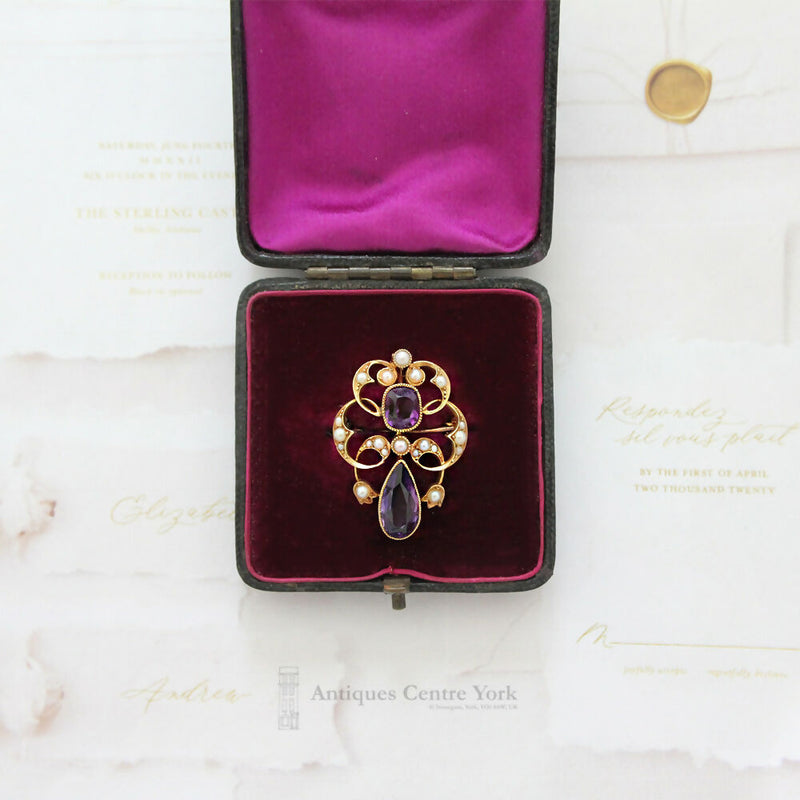 Victorian Art Nouveau 15ct Amethyst & Pearl Pendant/Brooch