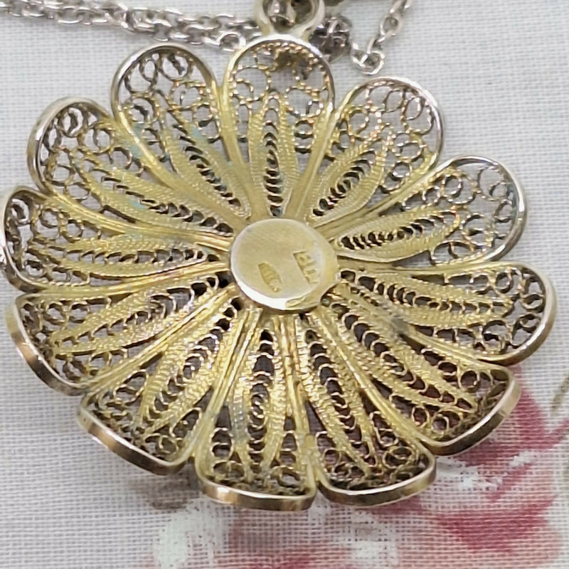 Filigree Silver & Coral Pendant on 17" Silver Chain