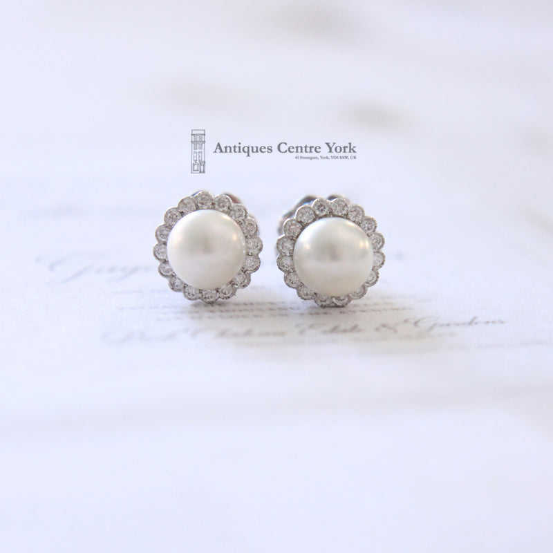 18ct White Gold Pearl & Diamond Cluster Earrings by Luke Stockley London