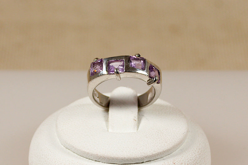 Silver and Amethyst Geometric Ring