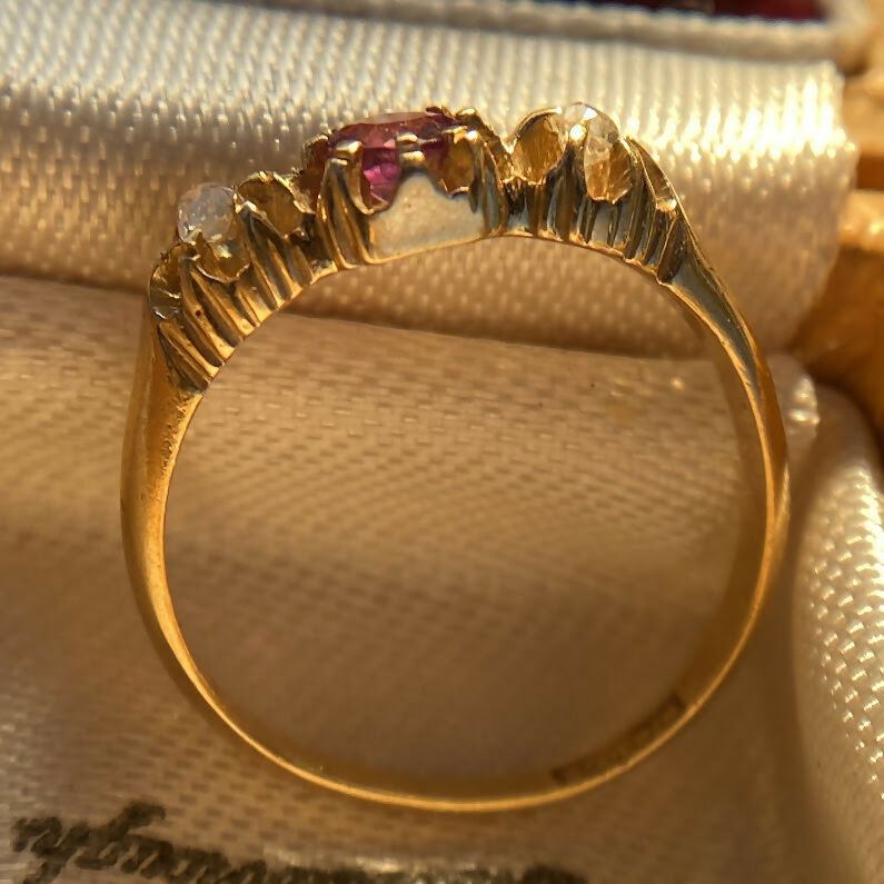 Antique 18ct Ruby Old Cut Diamond Three Stone Ring