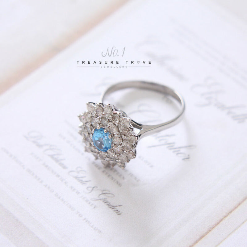 18ct White Gold Blue Topaz & Diamond Cluster Ring