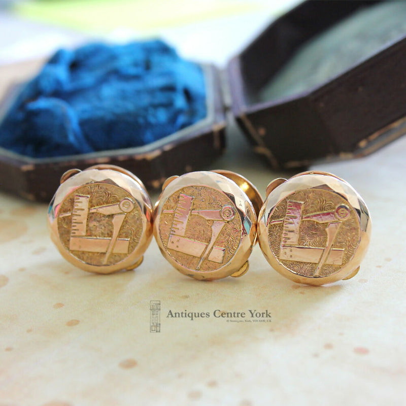 Victorian Gold Fronted Masonic Waistcoat Buttons in Case