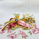 Gold Tone Faux Pearl & Faux Diamond Bow Brooch
