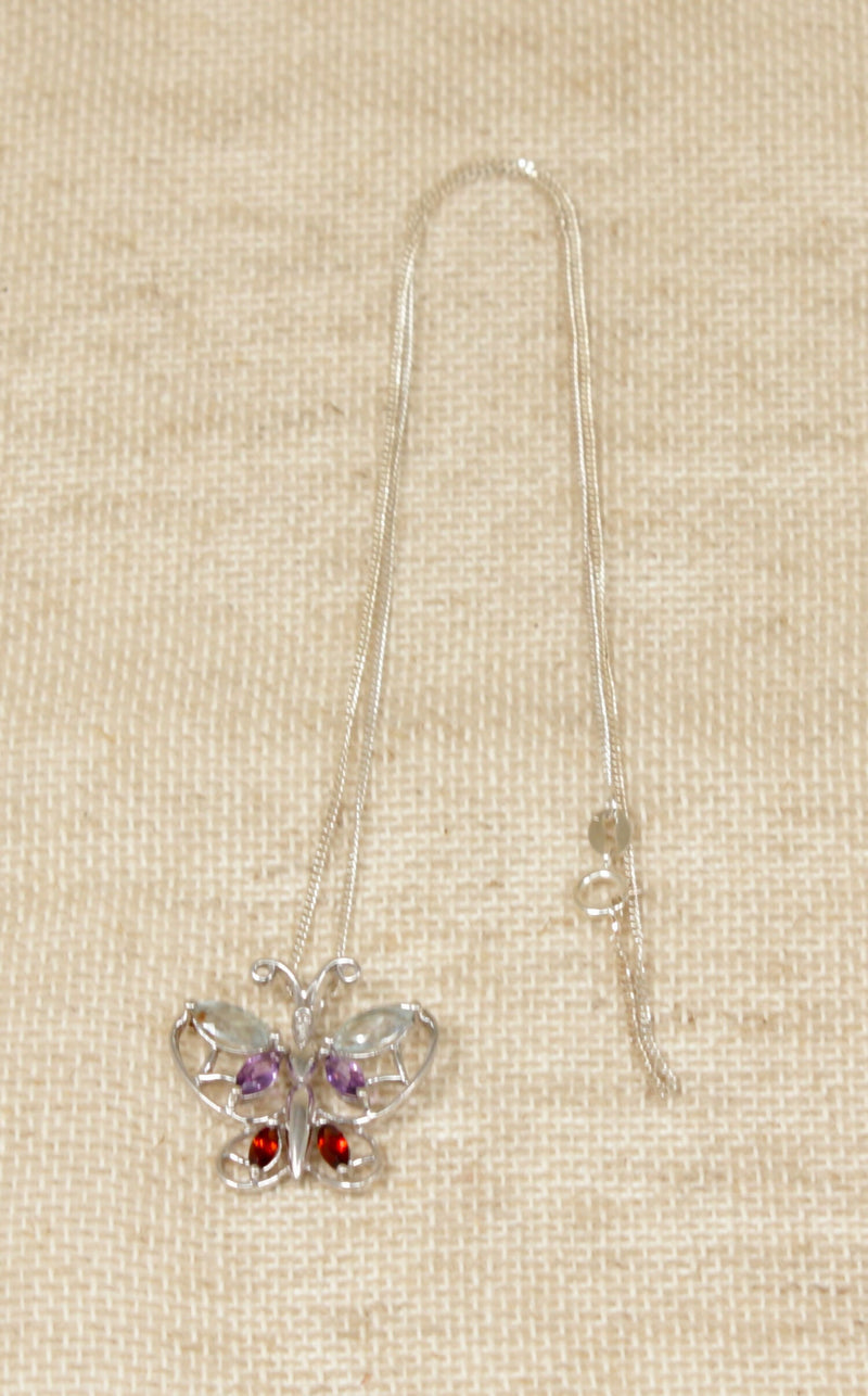 Silver & Multi Gem Butterfly Pendant & Chain