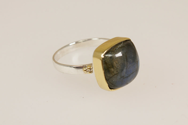 Silver & Labradorite Statement Ring with Gold Overlay Detailing