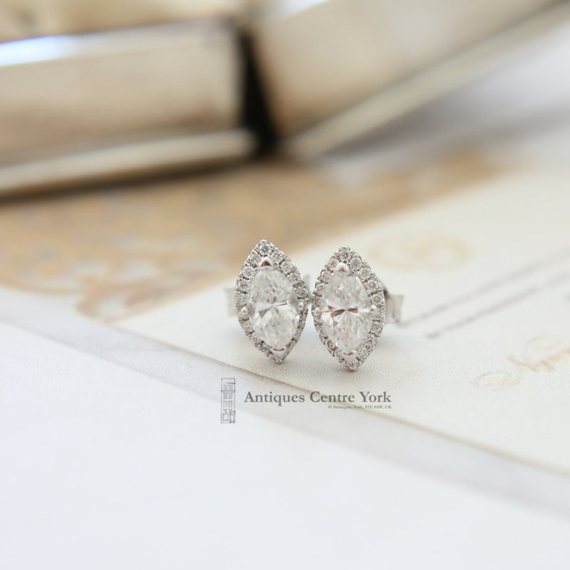 18ct White Gold Marquise Diamond 0.76ct Halo Cluster Earrings