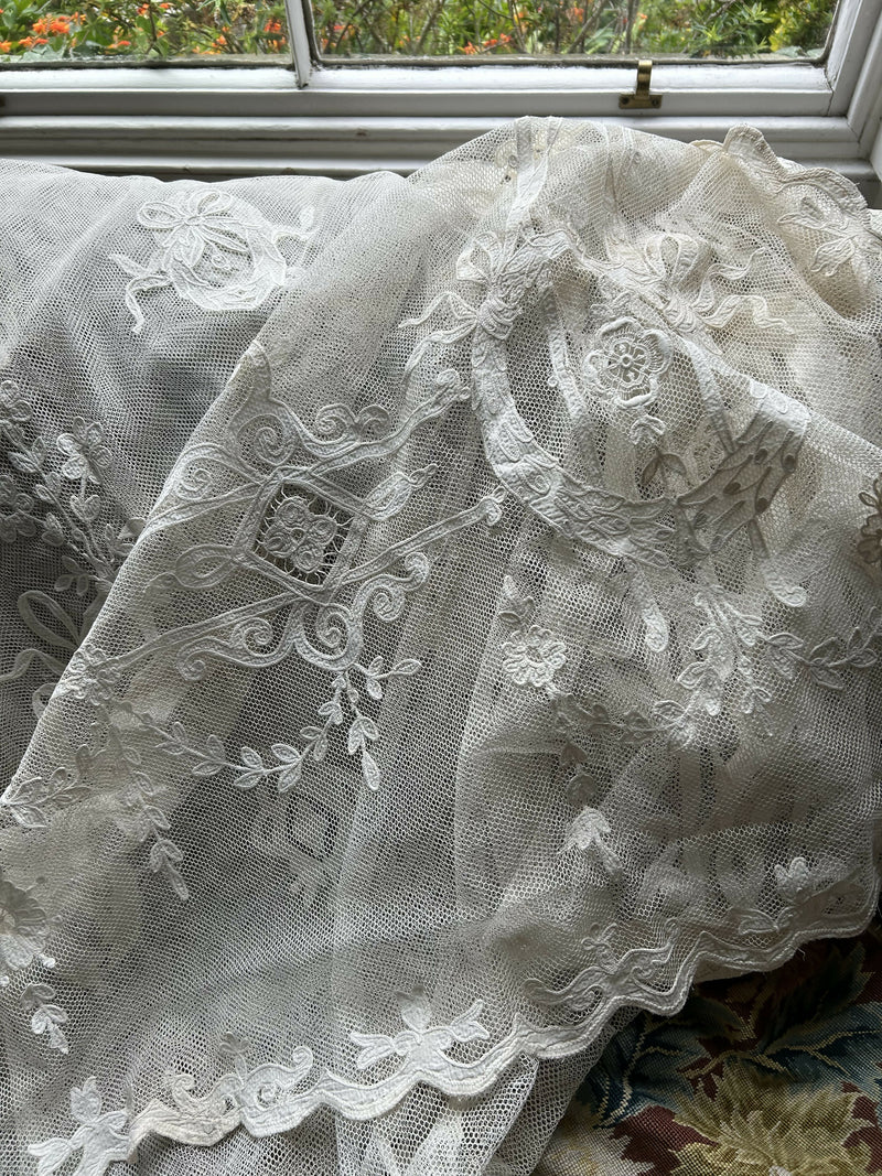 Antique French embroidered tulle chateau ivory lace Handmade Lace Panel 58”/140”