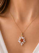 9ct Gold Opal & Orange Gemstone Floral Cluster Pendant on 9ct Gold Chain