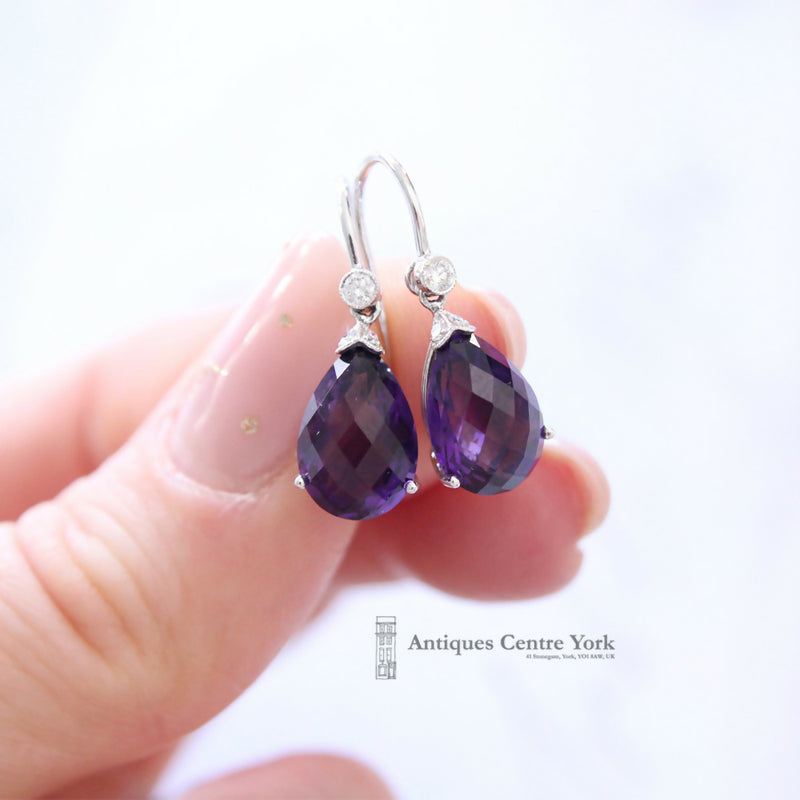 18ct White Gold Amethyst & Diamond Drop Earrings by Luke Stockley London