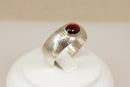 Vintage Silver Garnet Ring with Bark Effect Band – London 1979