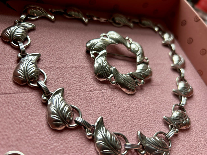 Scandinavian Modern Mid Century Sterling Silver Danecraft Leaf Necklace Bracelet & Brooch Set