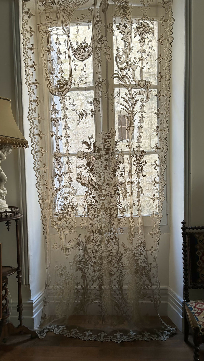 Antique French c1880 Embroidered biscuit coloured Lace Applique Chateau panel Handmade Lace Panel 53”/120”