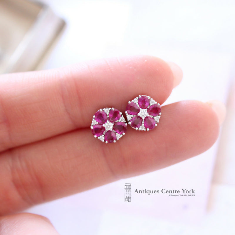 18ct White Gold Ruby & Diamond Cluster Earrings by Luke Stockley London