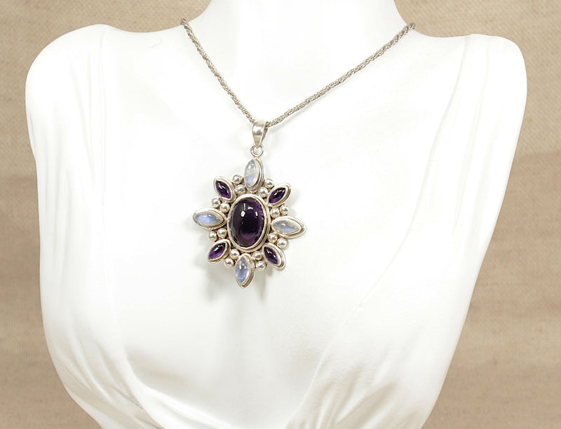 Silver Moonstone & Amethyst Impressive Pendant & Chain
