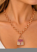 925 Sterling Silver Rose Gold-Tone Pink Sapphire & Cubic Zirconia Handbag Pendant Necklace – 18 Inches – 30g