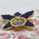 Gold Tone & Navy Blue Enamelled Orchid Brooch