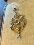 Art Nouveau Hallmarked 9ct Yellow Gold Aquamarine & Seed Pearl Pendant