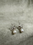 Vintage 925 Silver Cultured Pearl Bow Drop Earrings