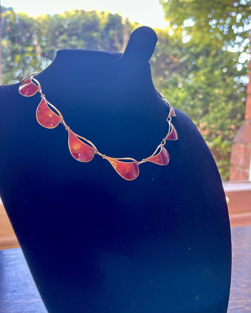 Norwegian 1932 Sterling Silver London Import Marked Ox Blood Red Enamel Necklace