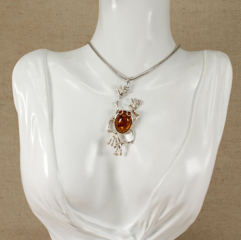 Silver and Amber Frog Pendant & Chain