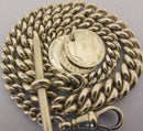 Antique Solid Sterling Silver Albert Pocket Watch Chain t-Bar & 3 Coin Fobs Bir 1910