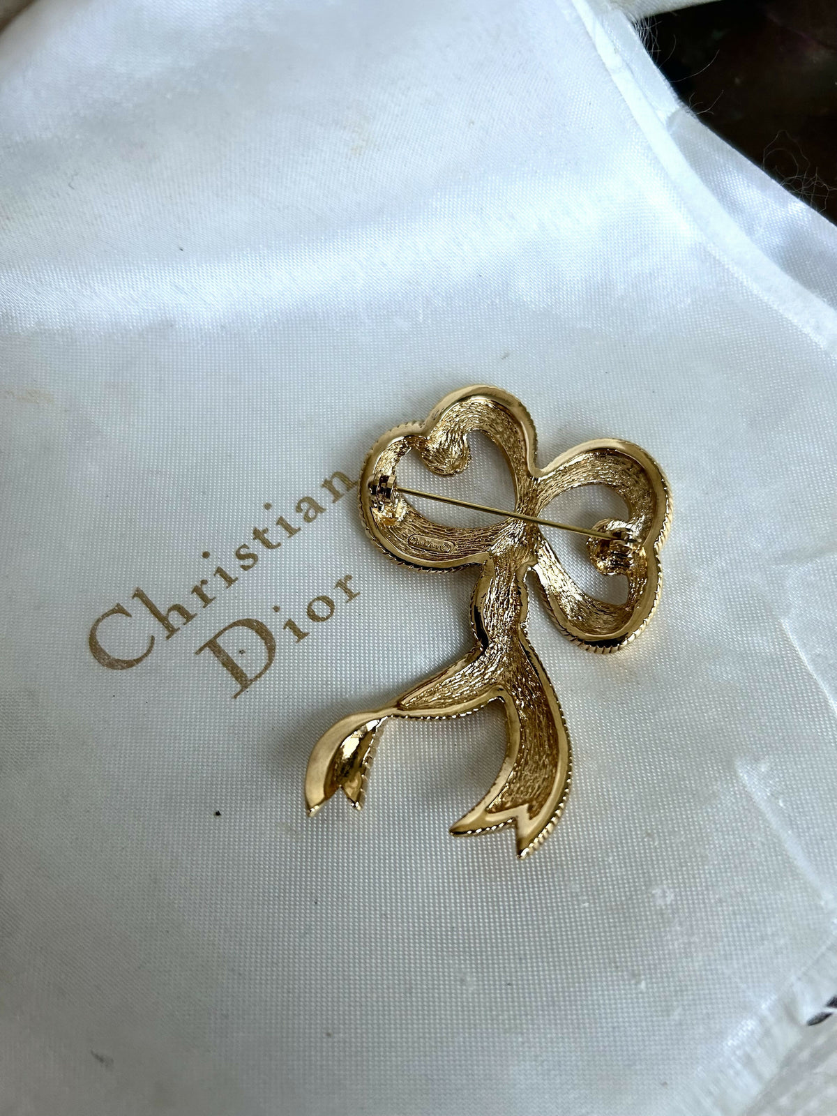 Vintage Christian Dior Large Gold Plated Bow Brooch with CD Box