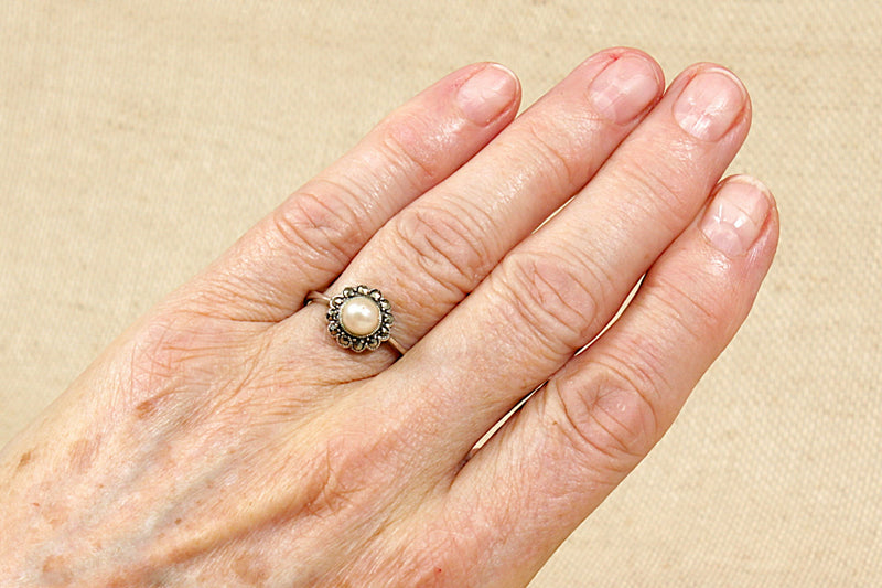 Silver, Marcasite & Faux Pearl Ring