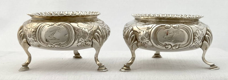 Victorian Pair of Large Crested Silver Salts. London 1856 Henry Holland. 6 troy ounces.