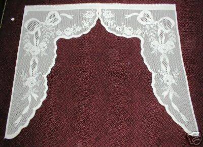 Gustavian -Vintage 1920's Style Pair of White Cotton Lace Swag Curtain Panels - 48 X 45 inches