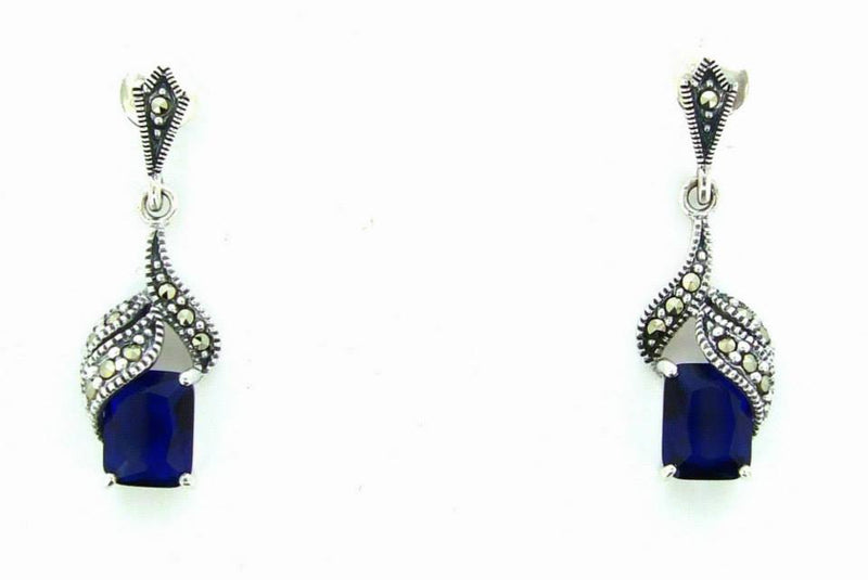 Silver Marcasite Sapphire Blue Earrings