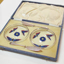 Art Deco Pair of Enameled Stuart Glass Butter Dishes With Silver Knifes