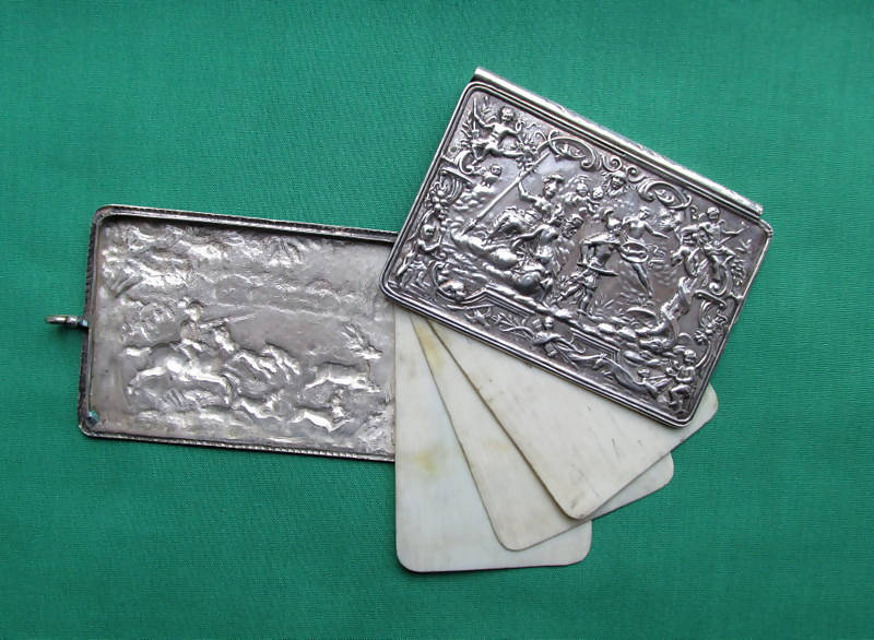 Silver/White Metal Aide Memoire Case/Embossed Hunting & Classical Scenes
