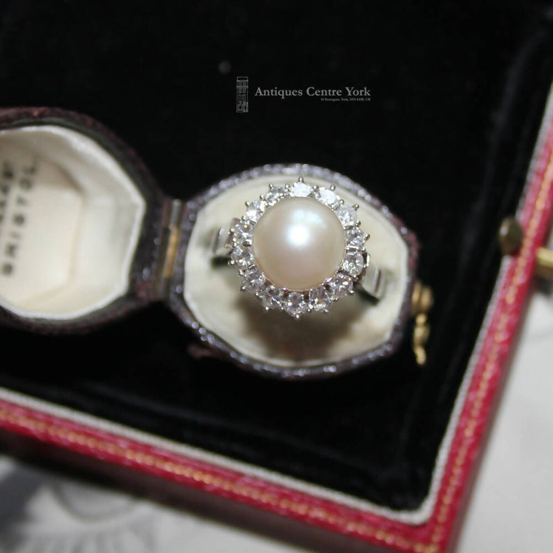 Vintage 18ct White Gold Cultured Pearl & Diamond Cluster Ring