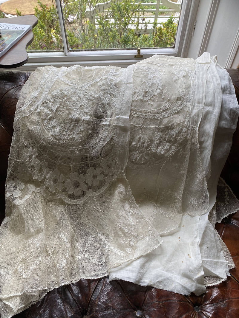 Copy of 2 Antique Corneley beautiful off white Cotton Lace Curtain Panels recuperated for projects reworking