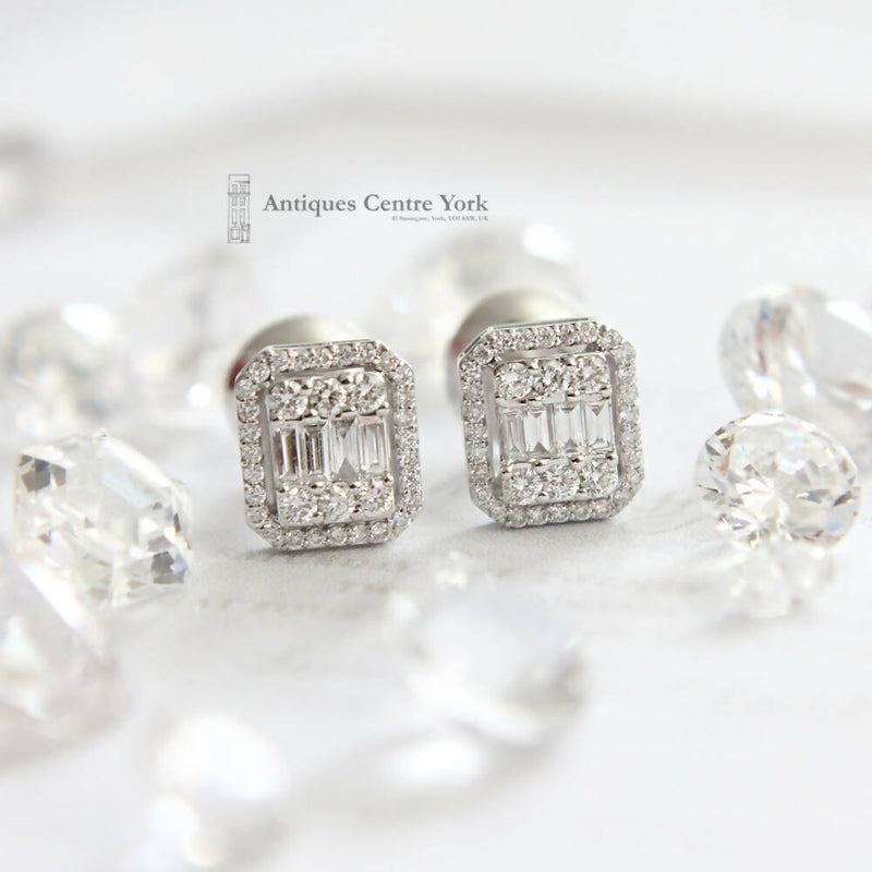 18ct White Gold Baguette & Brilliant Diamond Cluster Earrings 0.73ct