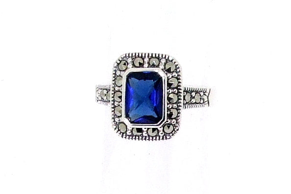 Silver Sapphire Blue Marcasite Ring