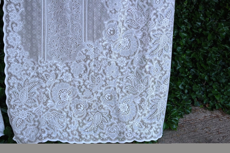 An Antique design pair of Victorianna white Cotton Lace Curtain Panels - 60 x 90 Inches- Ready-made