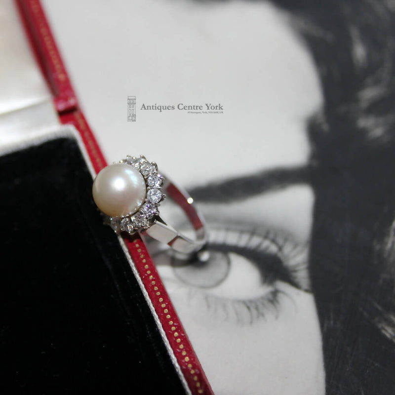 Vintage 18ct White Gold Cultured Pearl & Diamond Cluster Ring