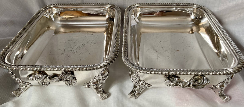 Georgian, George IV, Pair of Old Sheffield Plate Entree Dishes & Covers on Warming Stands. Marital Arms of Dickson & Huntley, circa 1820 - 1830.