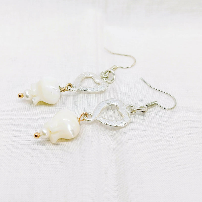 Silver Tone Heart & Mother of Pearl 'Lily of the Valley' Earrings