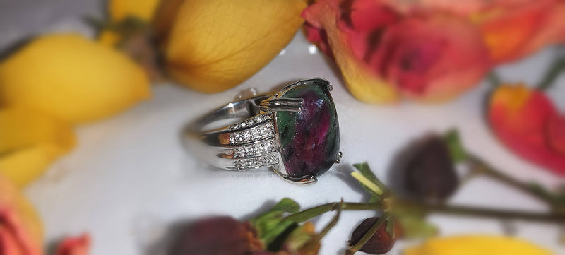 New 925S Ruby Zoisite Cambodian Zircon Ring - 16Cts