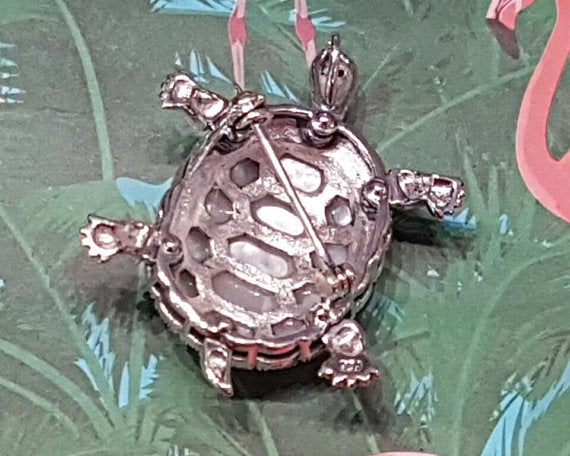 Tortoise Brooch Silver Mother of Pearl Marcasite Pin Pendant