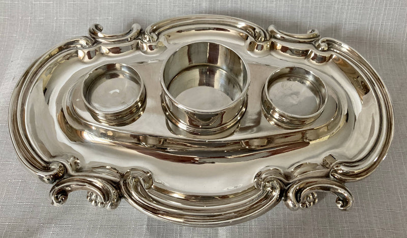 Georgian Style Silver Plated Inkstand with Twin Inkwells & Taperstick Holder.