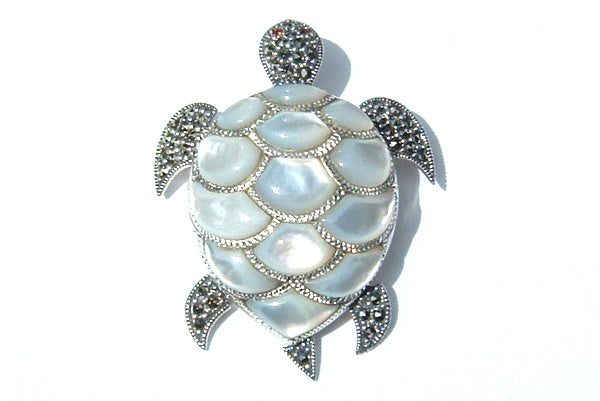 Silver Turtle Brooch Marcasite Mother of Pearl Pin Pendant