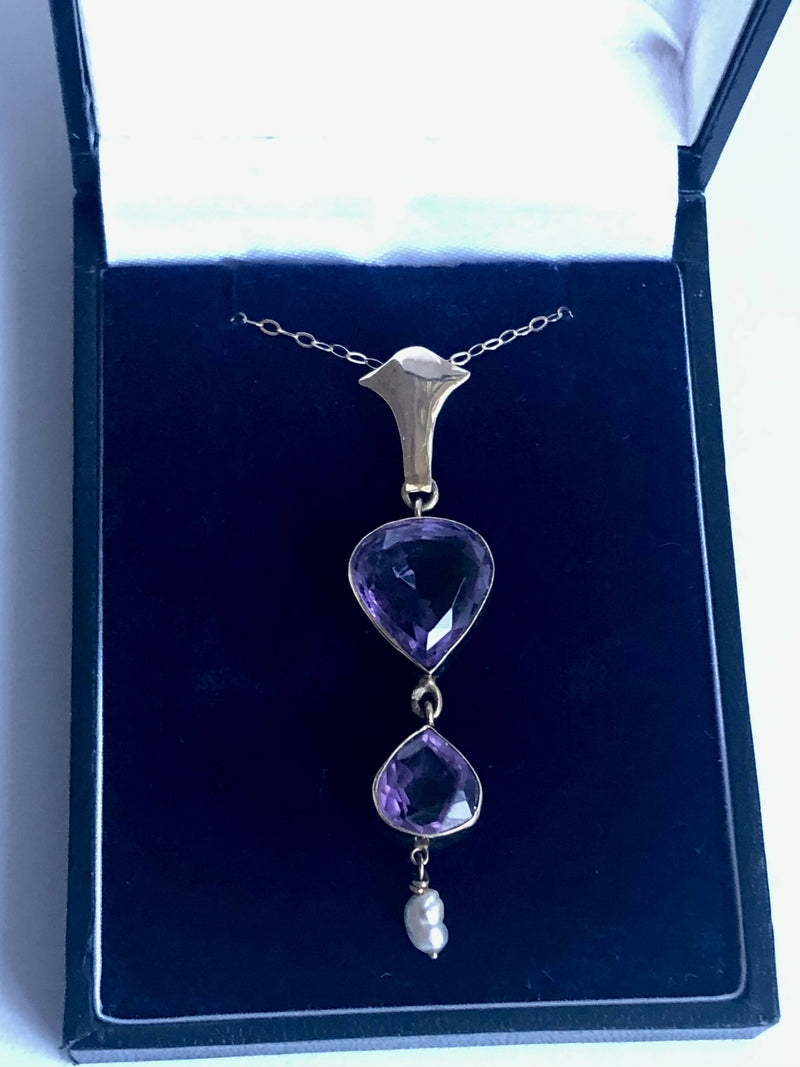 Art Nouveau 9ct Yellow Gold Facet Cut Double Amethyst & Natural Pearl Drop Pendant