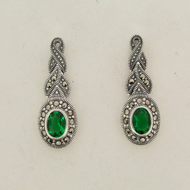 Silver Marcasite Emerald Green Earrings